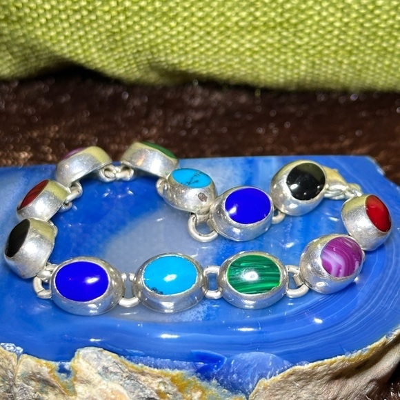 Vtg 23g Sterling Bracelet 6.5 Multi Gemstone Cabochon Onyx Lapis Coral 4127 B - Picture 9 of 12